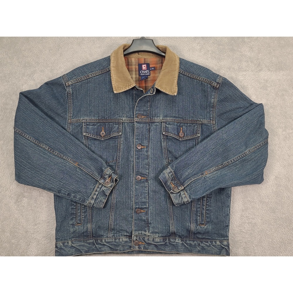 VTG Chaps Ralph Lauren Mens XL Blue Denim Trucker Jacket Flannel Lined Corduroy